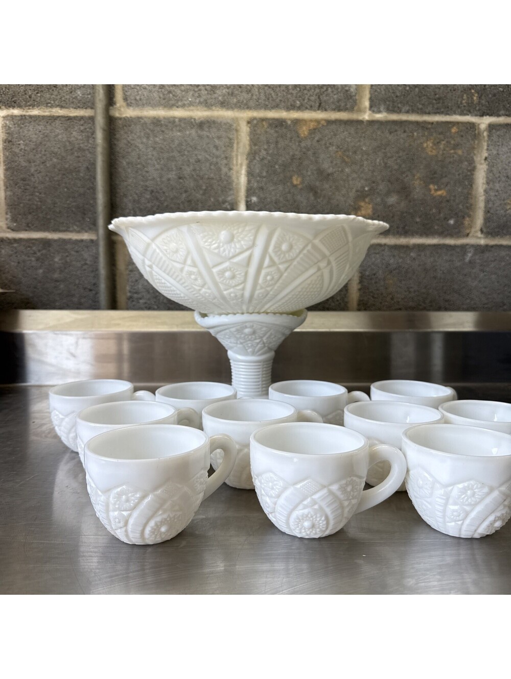 Vintage McKee Concord Milk Glass Pedestal Punch Bowl Set with 11 Cups